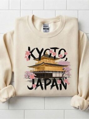 Vintage Kyoto Japan Sweatshirt Cherry Blossom Temple Graphic Crewneck Pullover